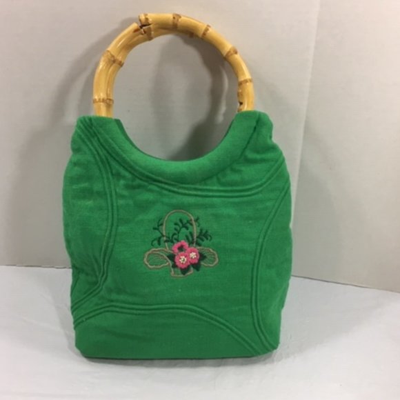 Class Bags By Karen Krautter Green Cotton Floral Wooden Handle Hand Bag - Picture 3 of 10
